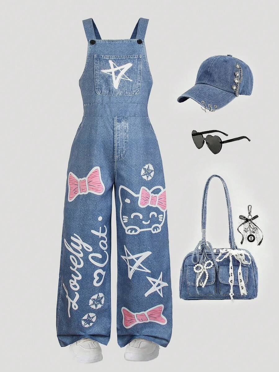 Big Girls Graphic Print Wide-Leg Denim Dungaree - Cobalt | 21 Centu...