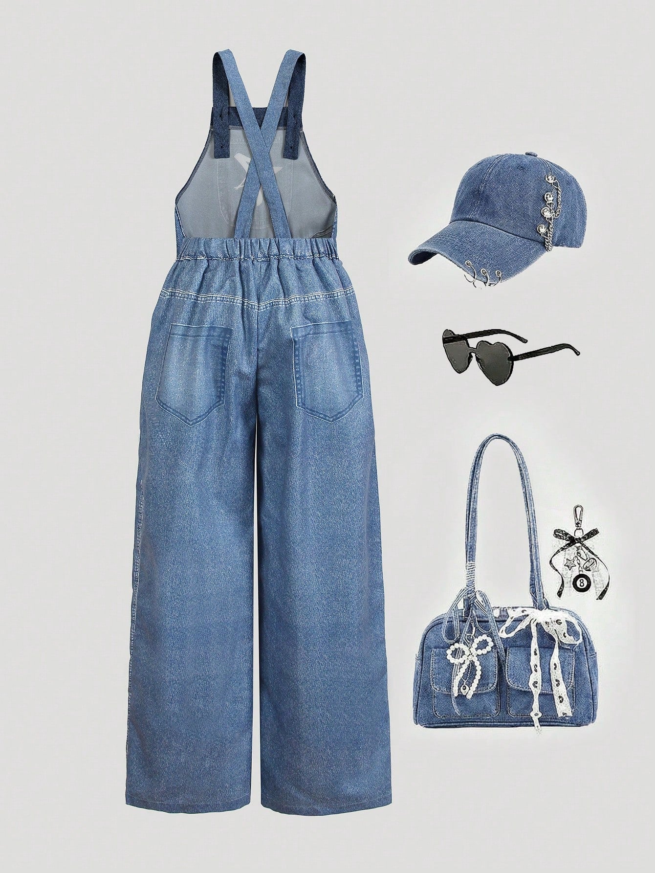 Big Girls Graphic Print Wide-Leg Denim Dungaree - Cobalt | 21 Centu...