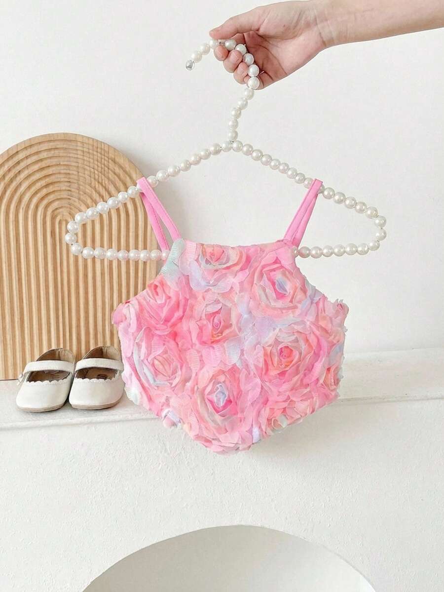 Baby Girls 3D Rose Appliqué Spaghetti Strap Romper - Blush