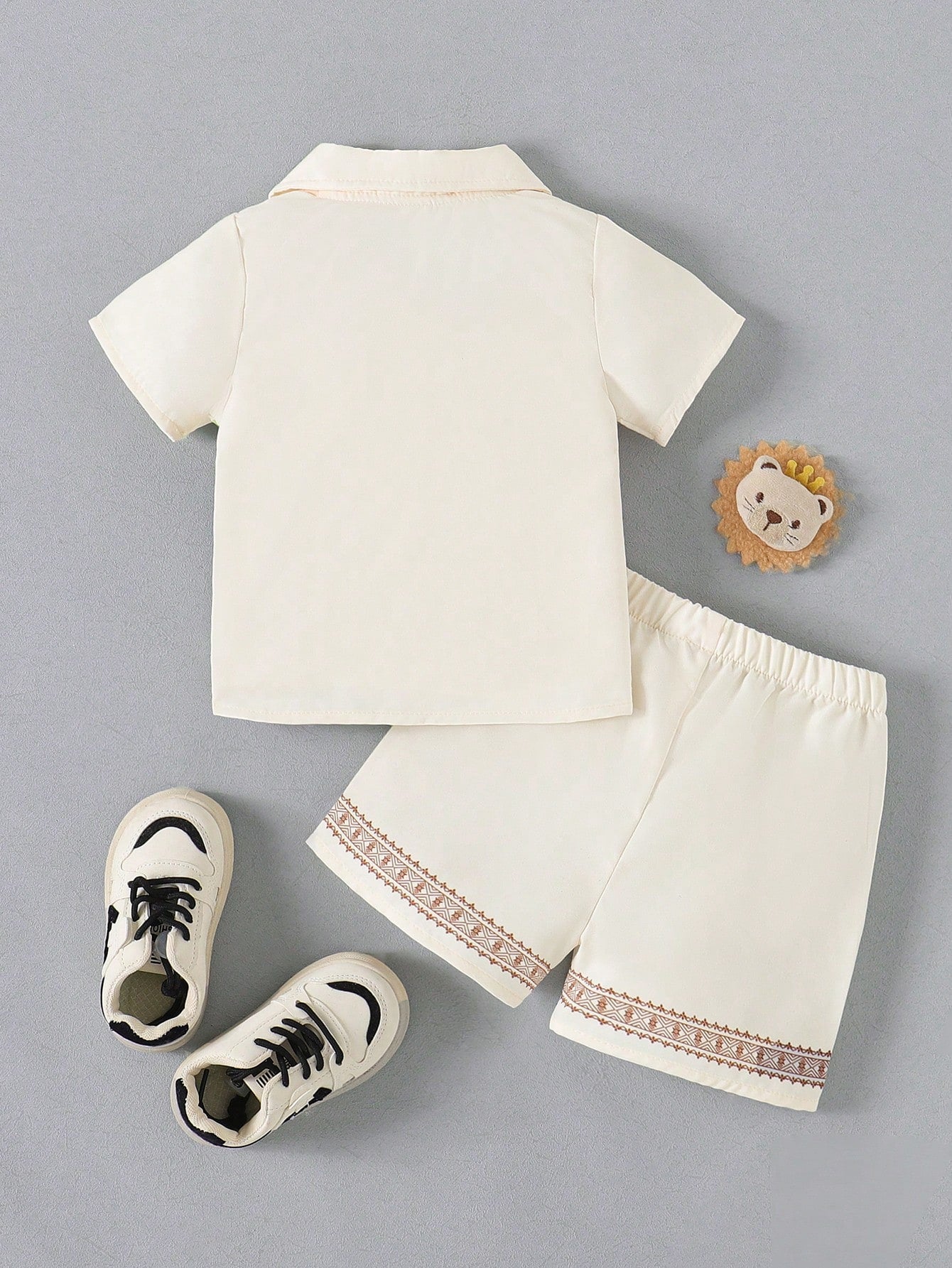Boys Safari Animal Print Resort Collar Shirt & Shorts - Ivory