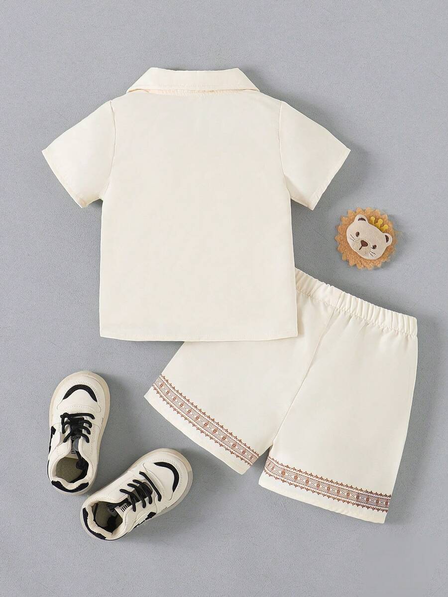 Boys Safari Animal Print Resort Collar Shirt & Shorts - Ivory