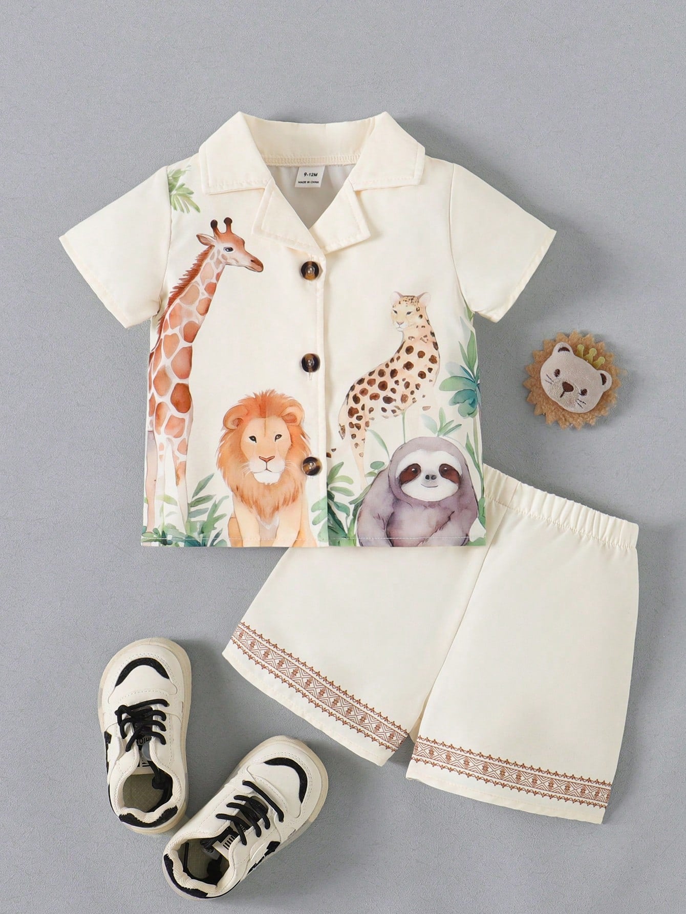 Boys Safari Animal Print Resort Collar Shirt & Shorts - Ivory