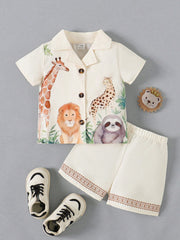 Boys Safari Animal Print Resort Collar Shirt & Shorts - Ivory