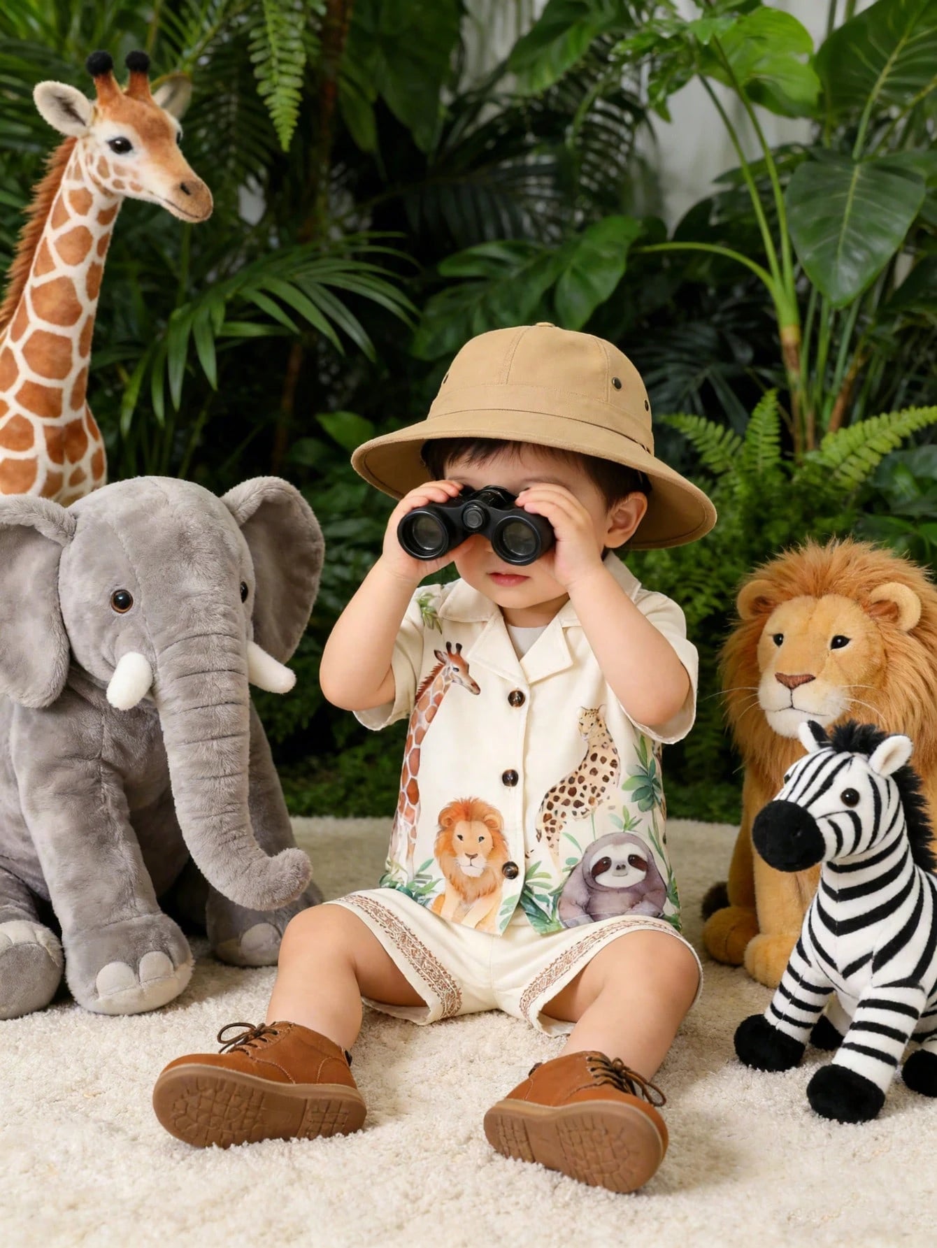 Boys Safari Animal Print Resort Collar Shirt & Shorts - Ivory