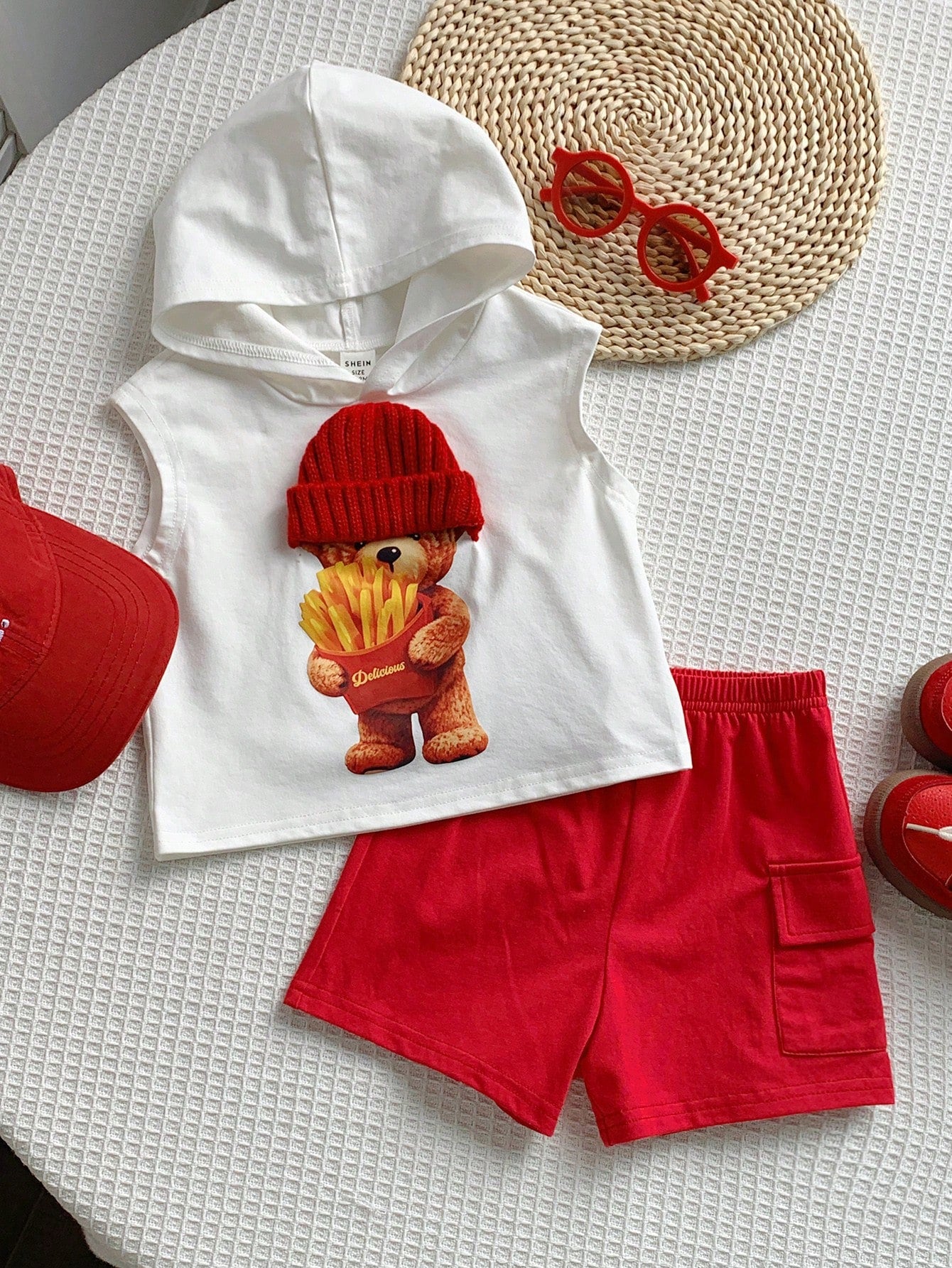 2pcs Boys Bear Graphic Hooded Tank & Cargo Shorts Set - Ivory | 21 ...