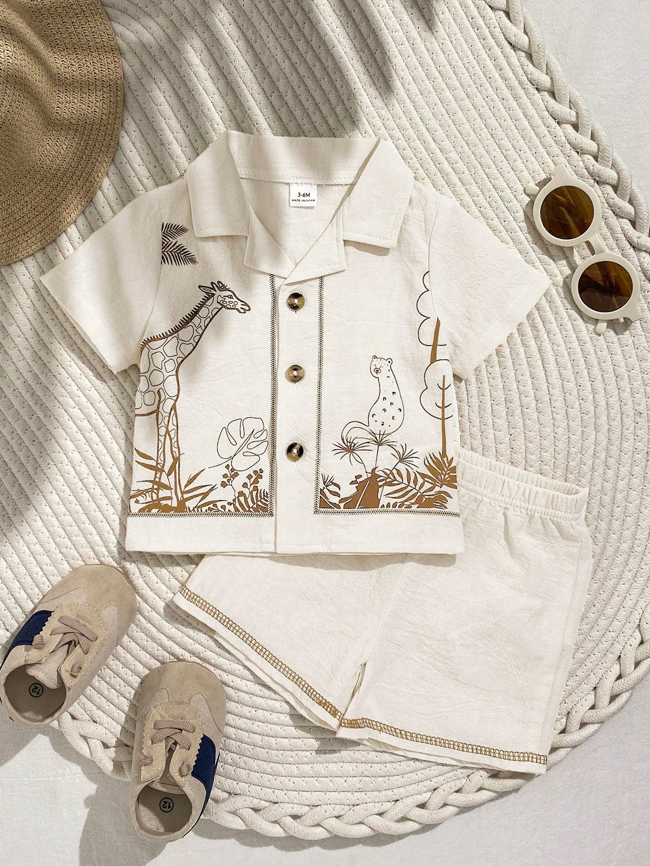 Baby Boys Safari Animal Print Resort Shirt Set - Ecru