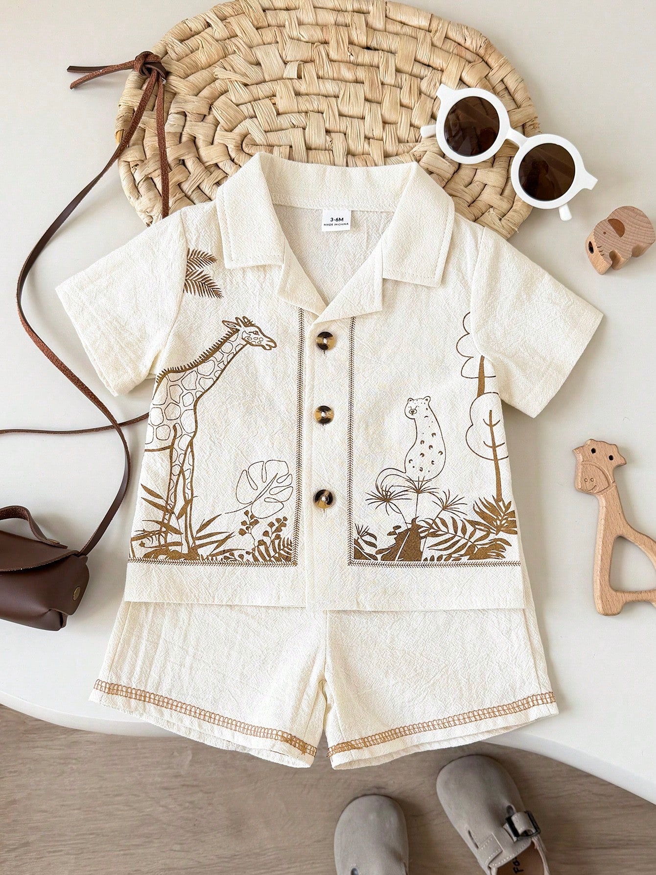 Baby Boys Safari Animal Print Resort Shirt Set - Ecru
