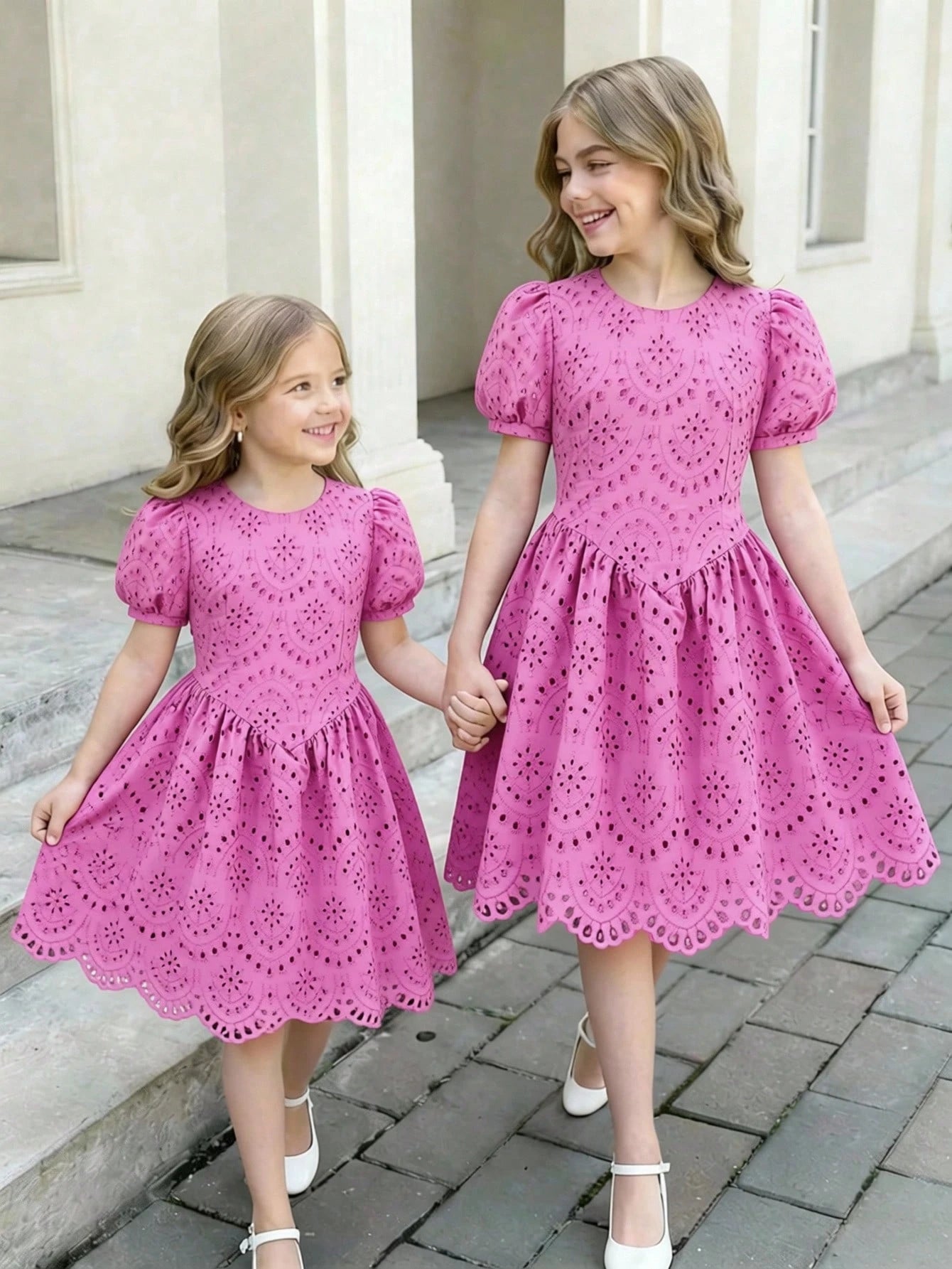 Girls Eyelet Embroidered Puff Sleeve A-Line Dress - Fuchsia | 21 Ce...