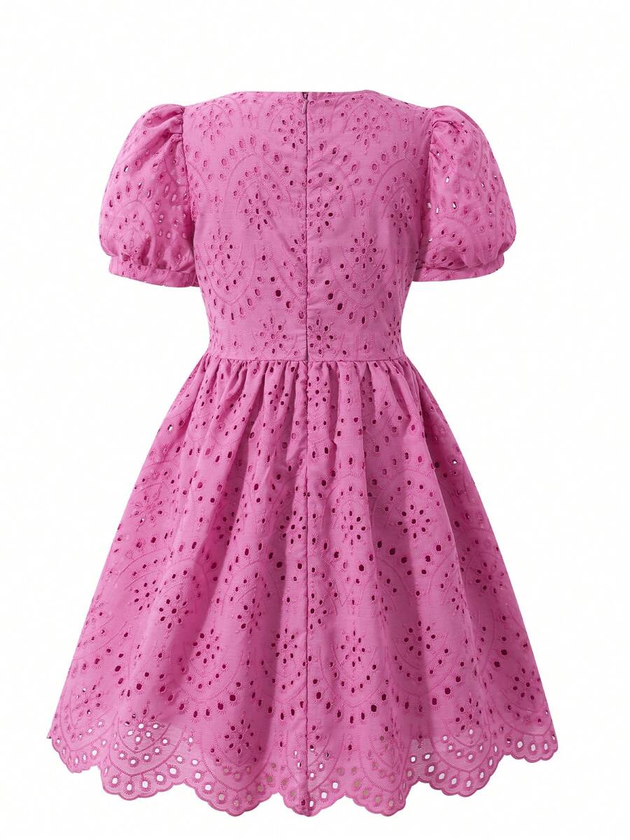 Girls Eyelet Embroidered Puff Sleeve A-Line Dress - Fuchsia | 21 Ce...