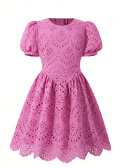 Girls Eyelet Embroidered Puff Sleeve A-Line Dress - Fuchsia | 21 Ce...