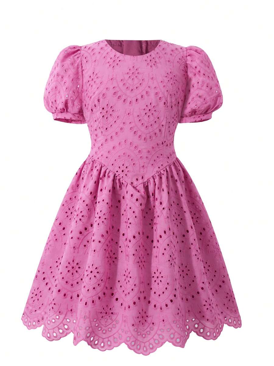Girls Eyelet Embroidered Puff Sleeve A-Line Dress - Fuchsia | 21 Ce...