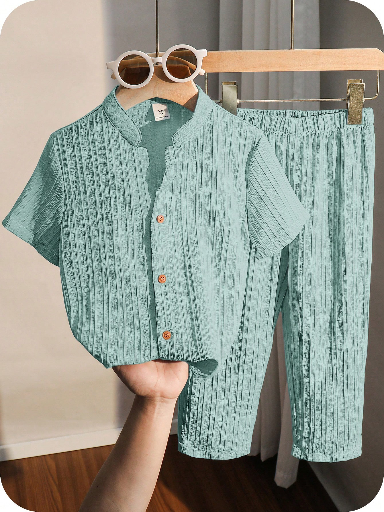 2pcs Little Boys Crinkle Texture Stand Collar Shirt & Trousers Set - Aqua