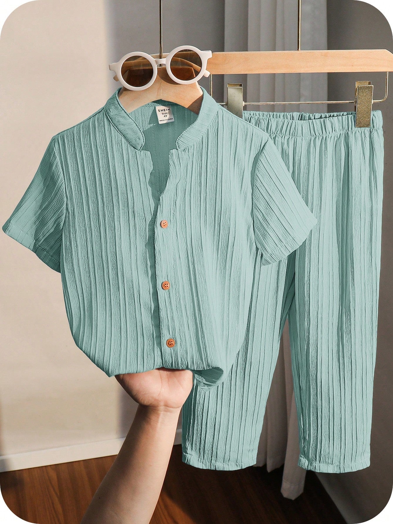 2pcs Little Boys Crinkle Texture Stand Collar Shirt & Trousers Set - Aqua