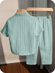 2pcs Little Boys Crinkle Texture Stand Collar Shirt & Trousers Set - Aqua