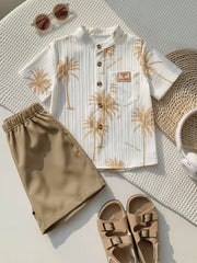 2pcs Boys Palm Print Mandarin Collar Shirt & Shorts Set - Ivory