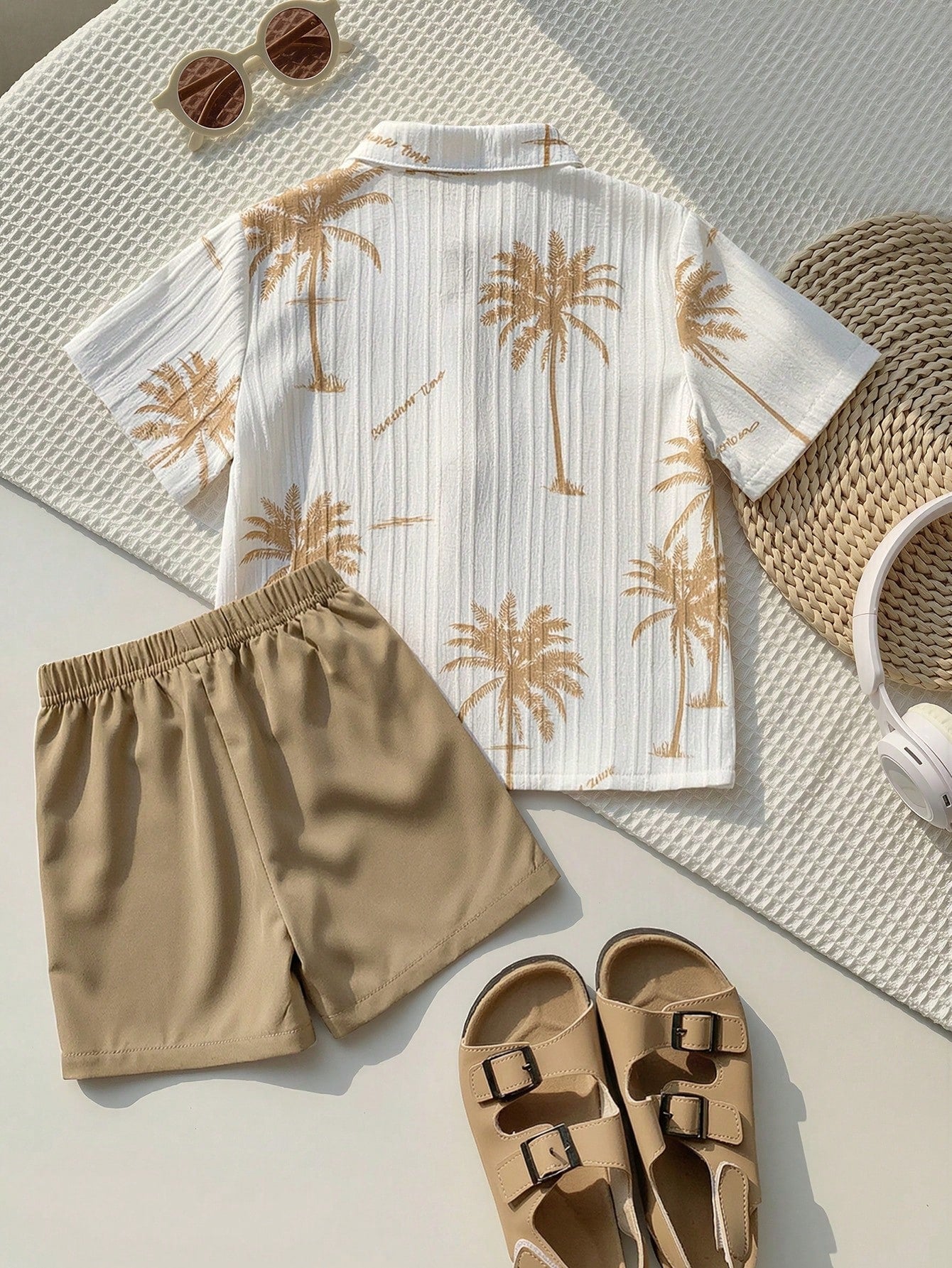 2pcs Boys Palm Print Mandarin Collar Shirt & Shorts Set - Ivory