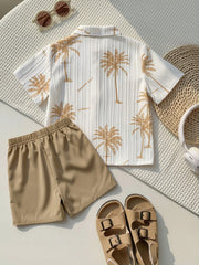 2pcs Boys Palm Print Mandarin Collar Shirt & Shorts Set - Ivory