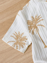 2pcs Boys Palm Print Mandarin Collar Shirt & Shorts Set - Ivory