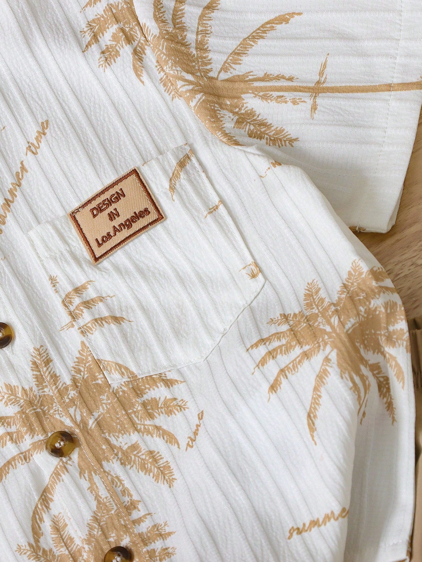 2pcs Boys Palm Print Mandarin Collar Shirt & Shorts Set - Ivory