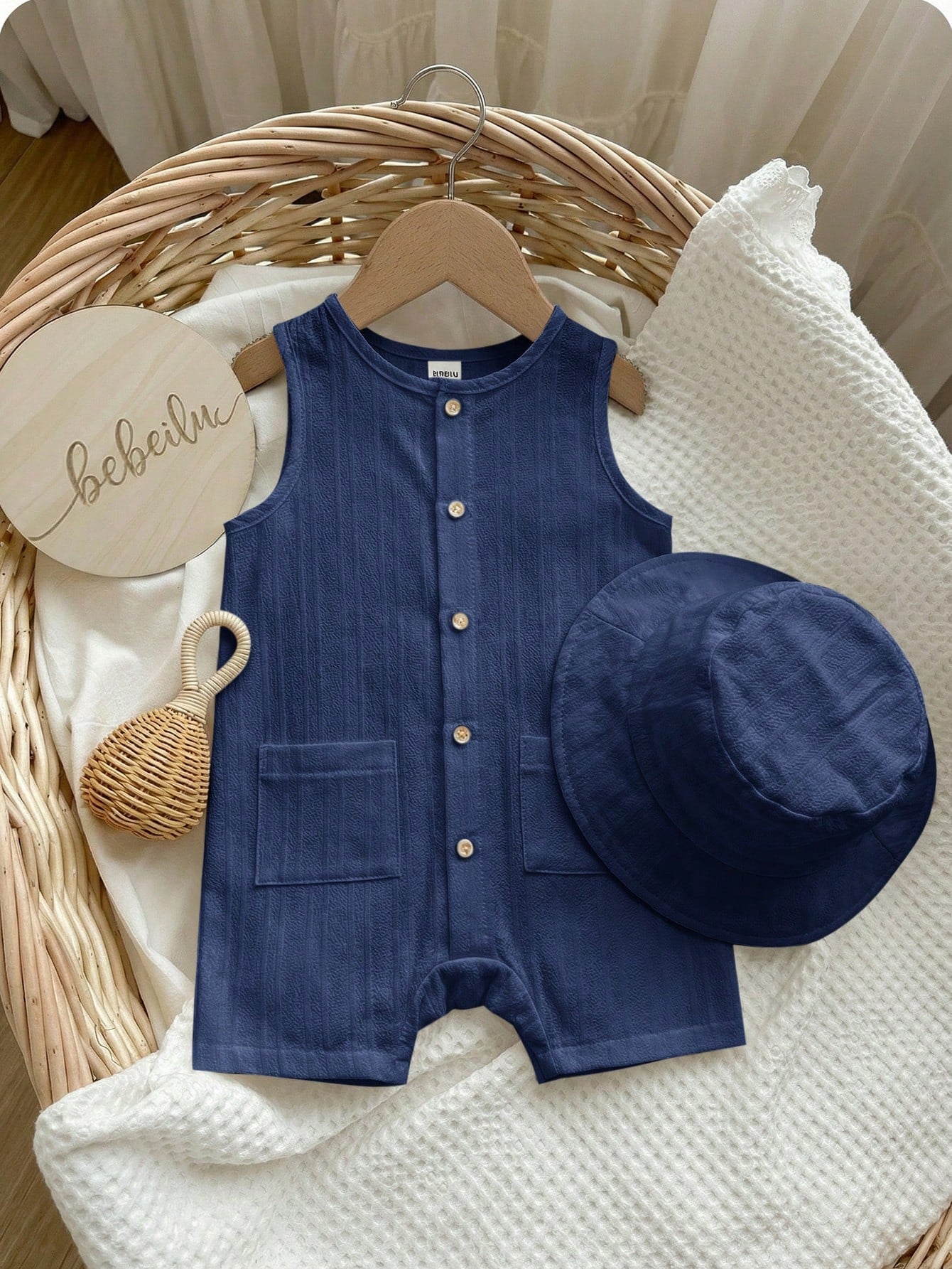 2pcs Boys Textured Sleeveless Romper & Bucket Hat Set - Indigo | 21...