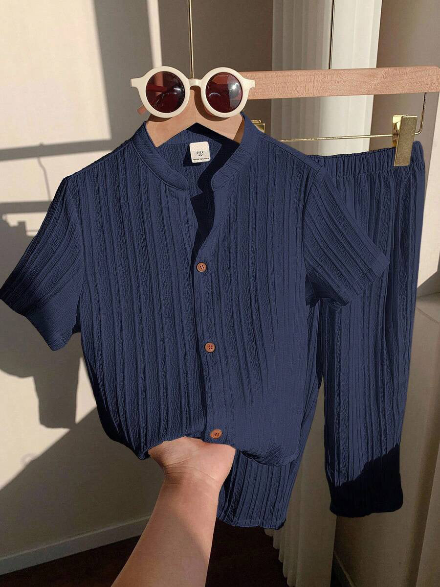 2pcs Boys Textured Button-Front Shirt & Pants Set - Midnight