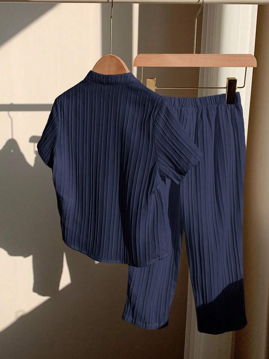 2pcs Boys Textured Button-Front Shirt & Pants Set - Midnight