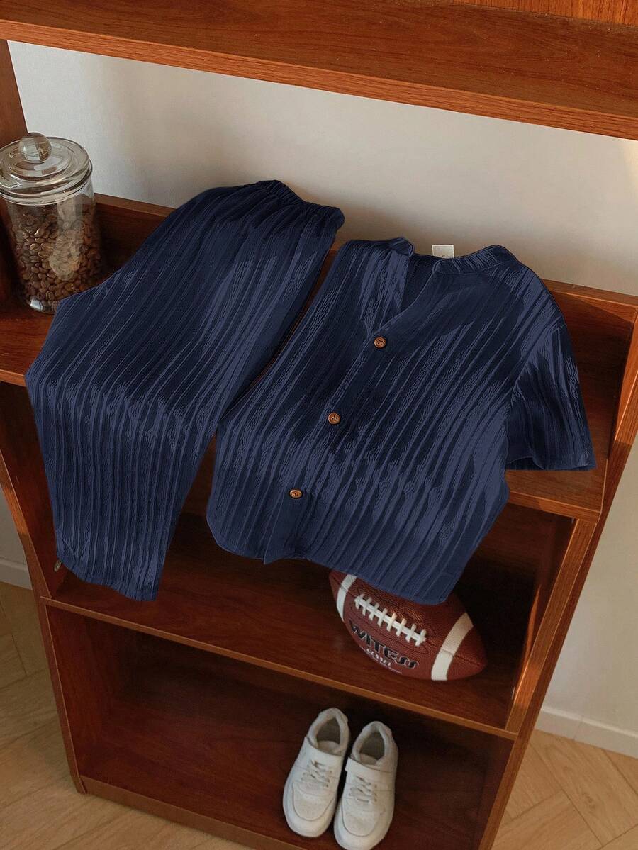 2pcs Boys Textured Button-Front Shirt & Pants Set - Midnight