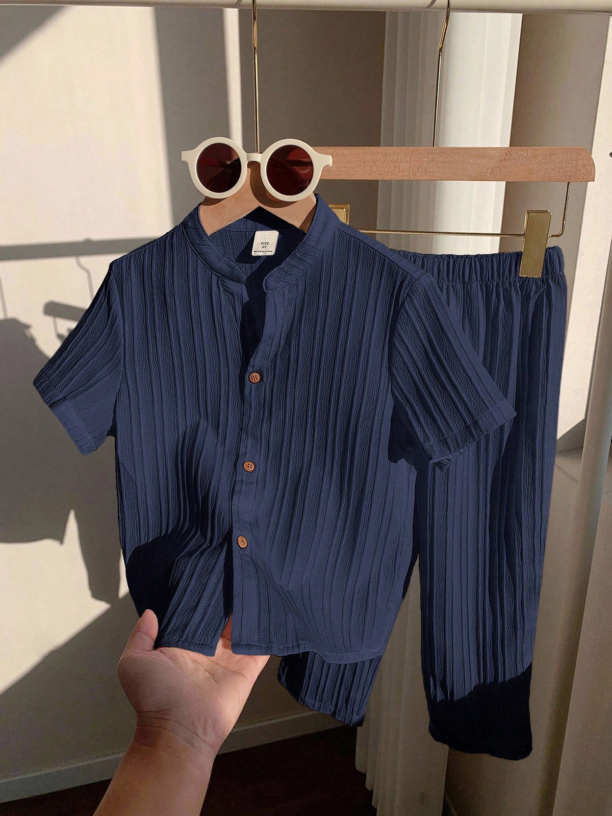 2pcs Boys Textured Button-Front Shirt & Pants Set - Midnight