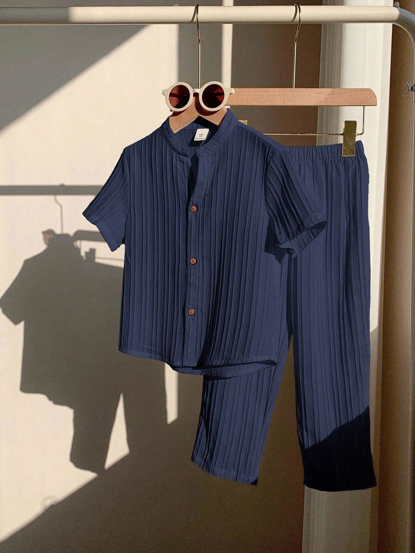 2pcs Boys Textured Button-Front Shirt & Pants Set - Midnight