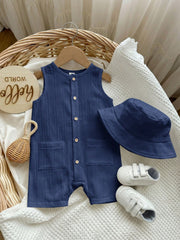 2pcs Boys Textured Sleeveless Romper & Bucket Hat Set - Indigo | 21...