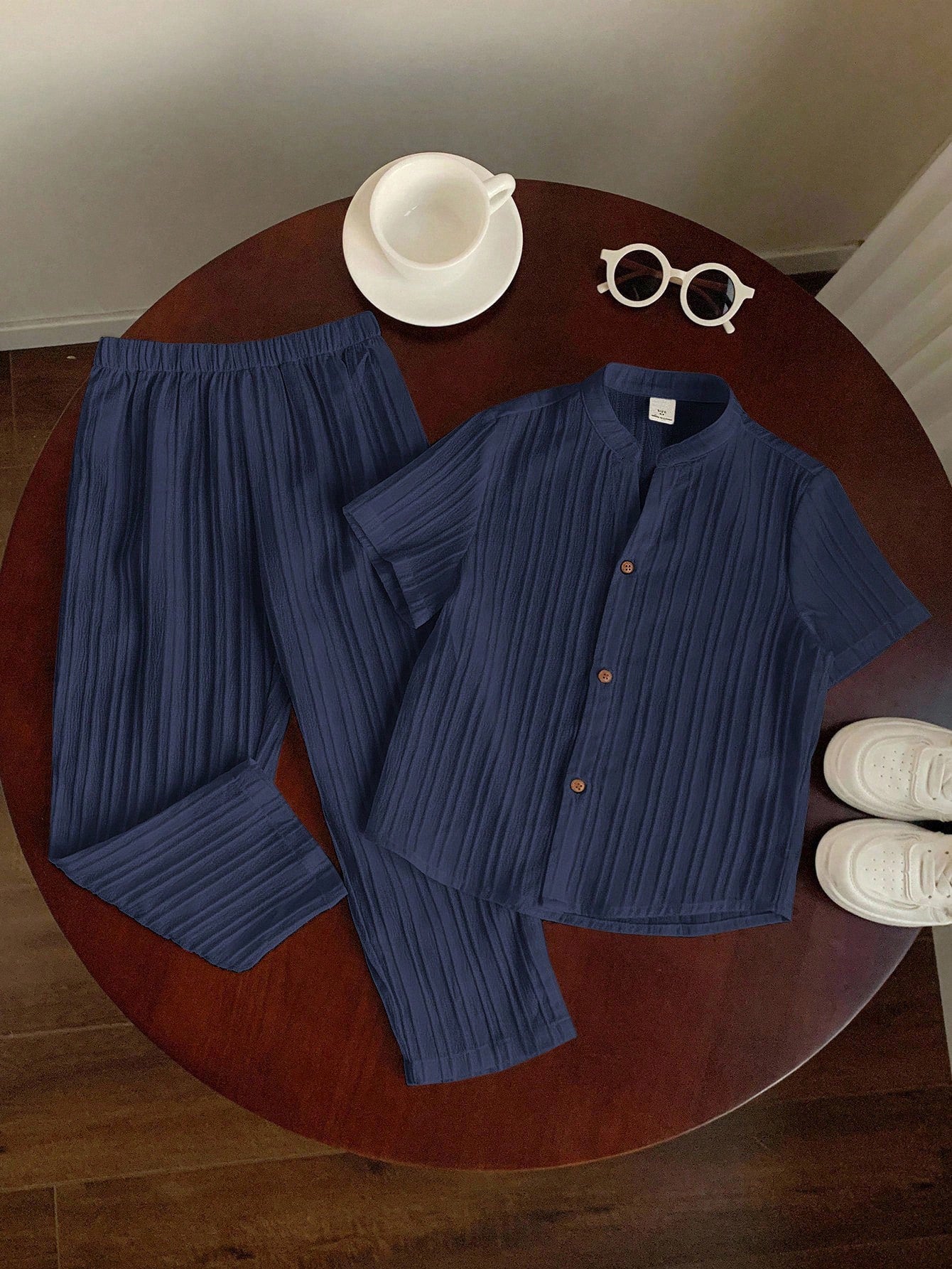 2pcs Boys Textured Button-Front Shirt & Pants Set - Midnight
