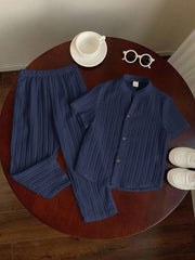 2pcs Boys Textured Button-Front Shirt & Pants Set - Midnight