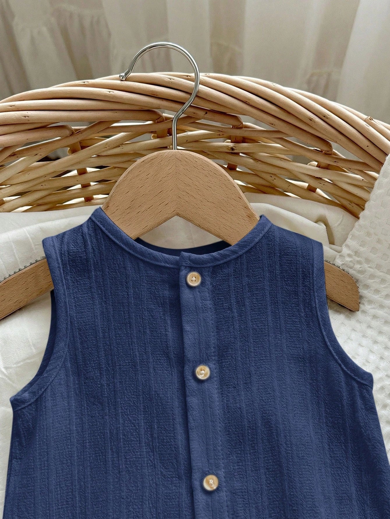 2pcs Boys Textured Sleeveless Romper & Bucket Hat Set - Indigo | 21...