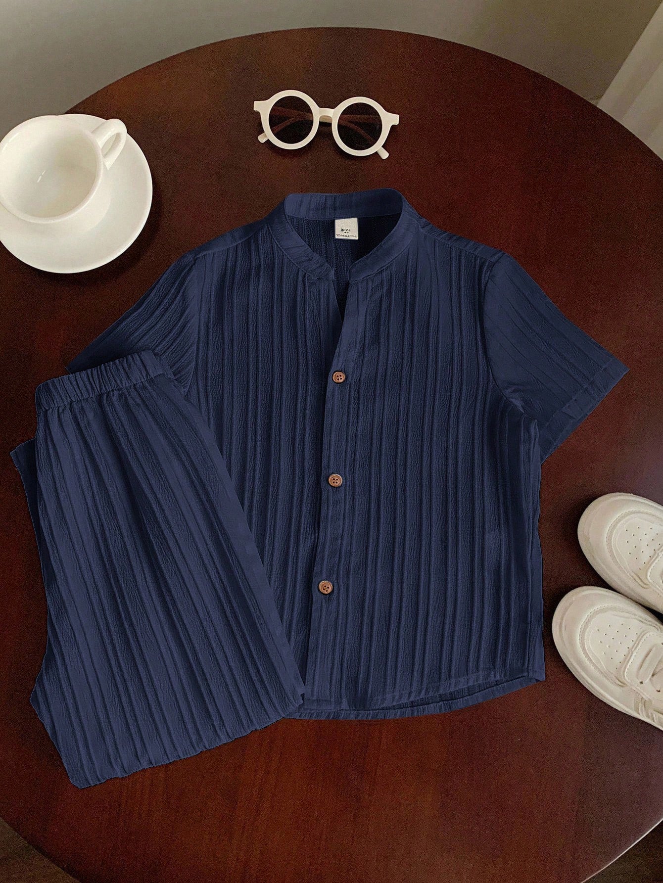 2pcs Boys Textured Button-Front Shirt & Pants Set - Midnight