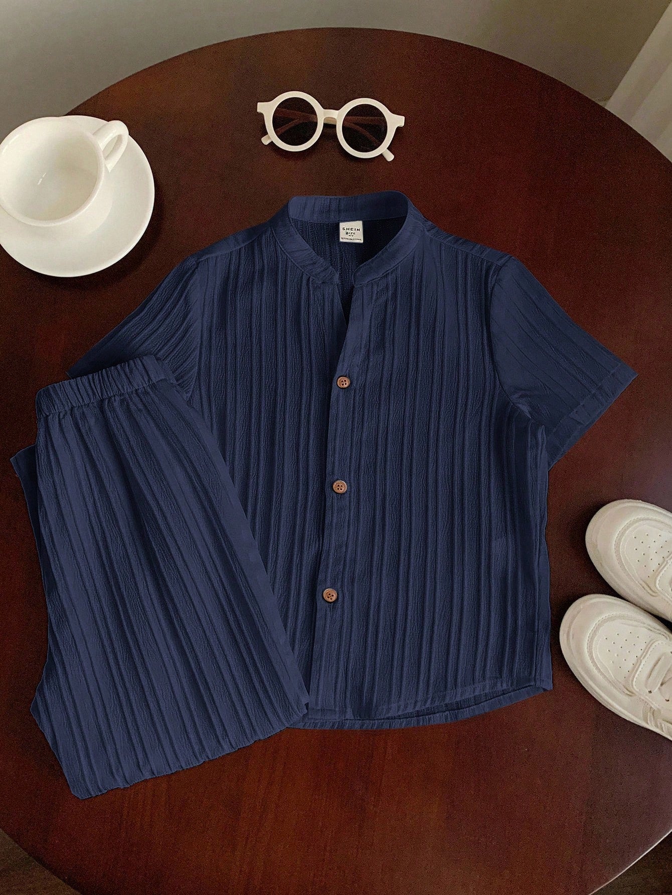 2pcs Boys Textured Button-Front Shirt & Pants Set - Midnight