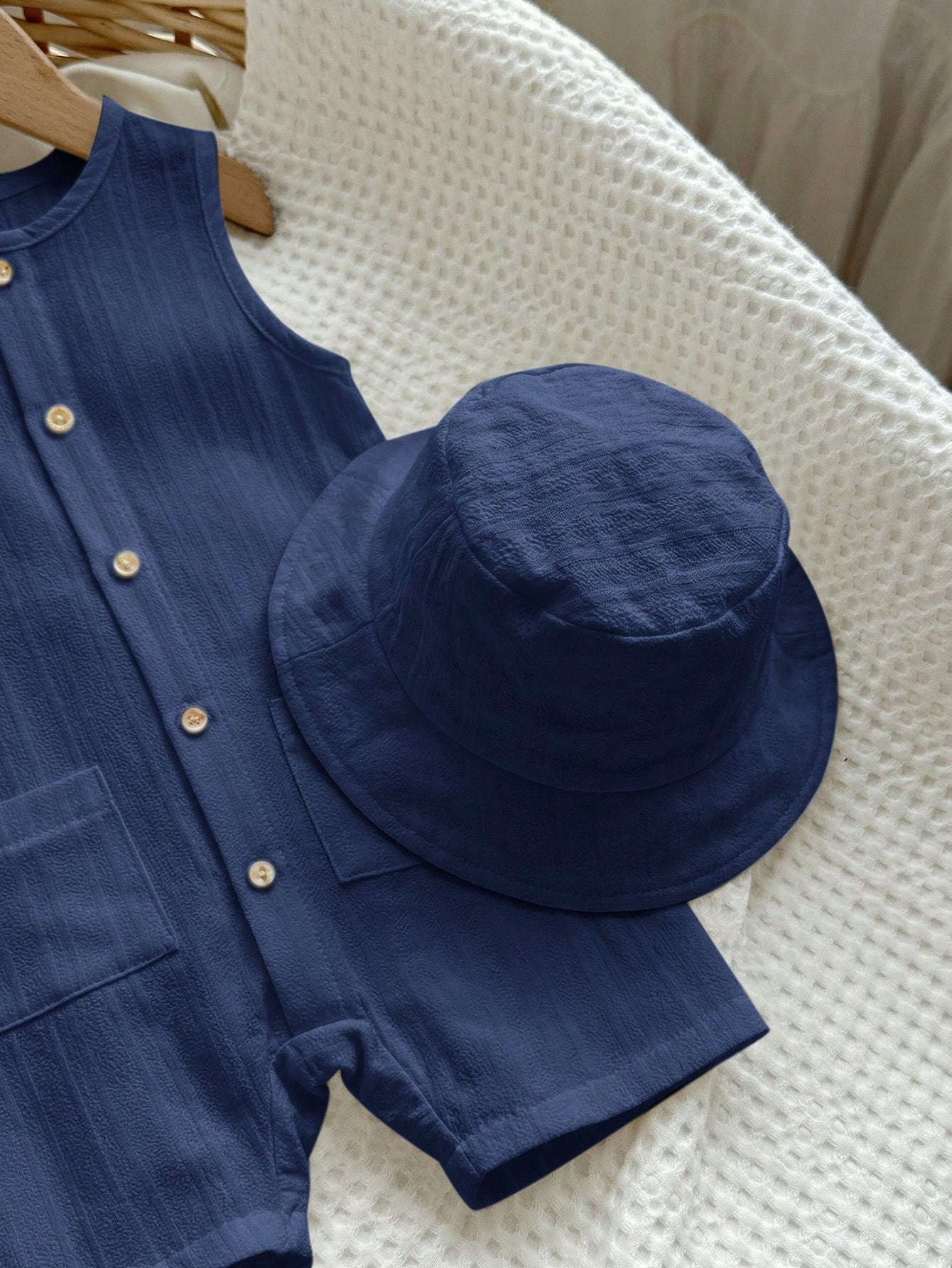 2pcs Boys Textured Sleeveless Romper & Bucket Hat Set - Indigo | 21...