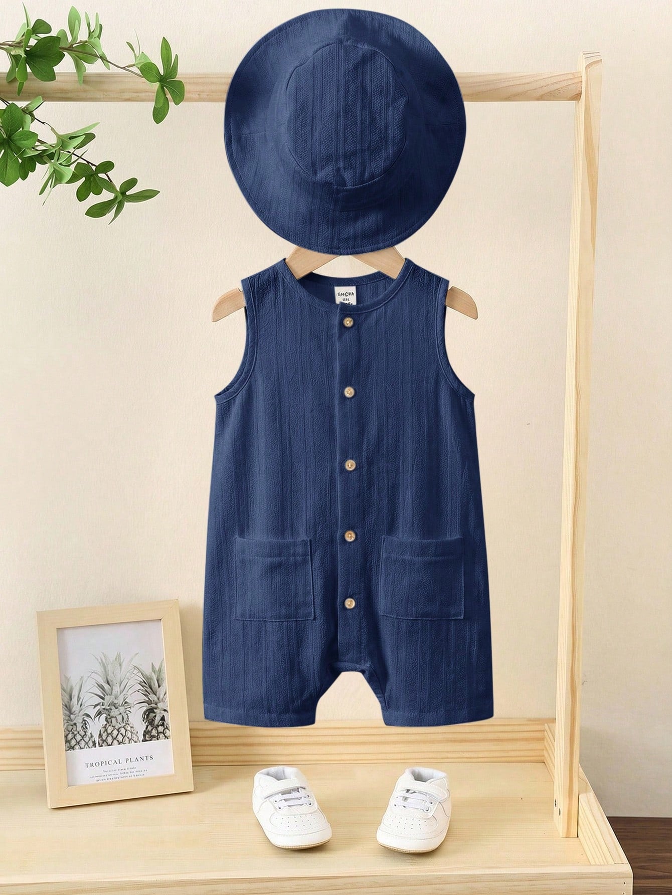 2pcs Boys Textured Sleeveless Romper & Bucket Hat Set - Indigo | 21...