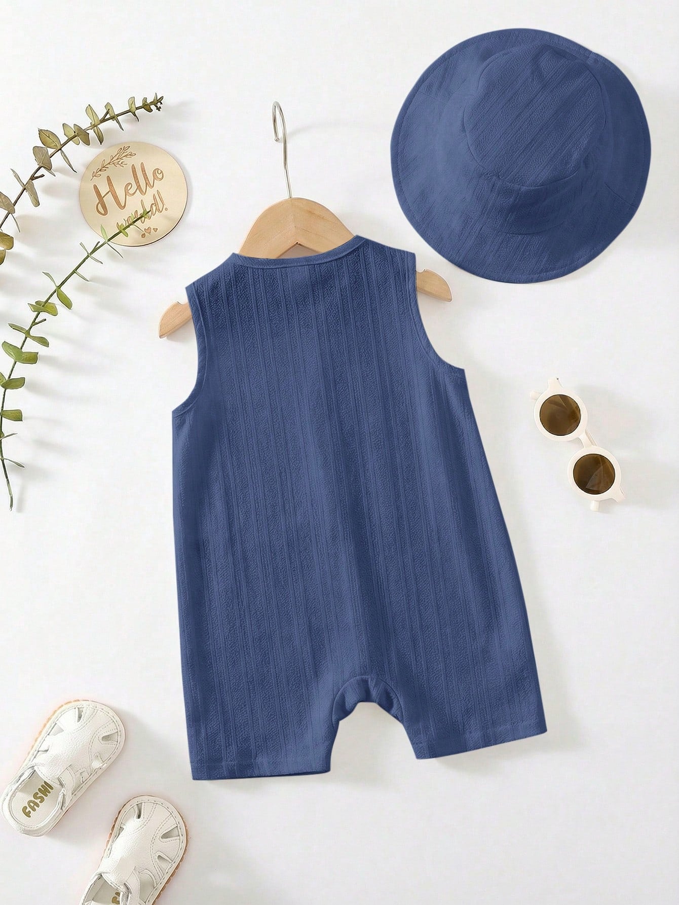 2pcs Boys Textured Sleeveless Romper & Bucket Hat Set - Indigo | 21...