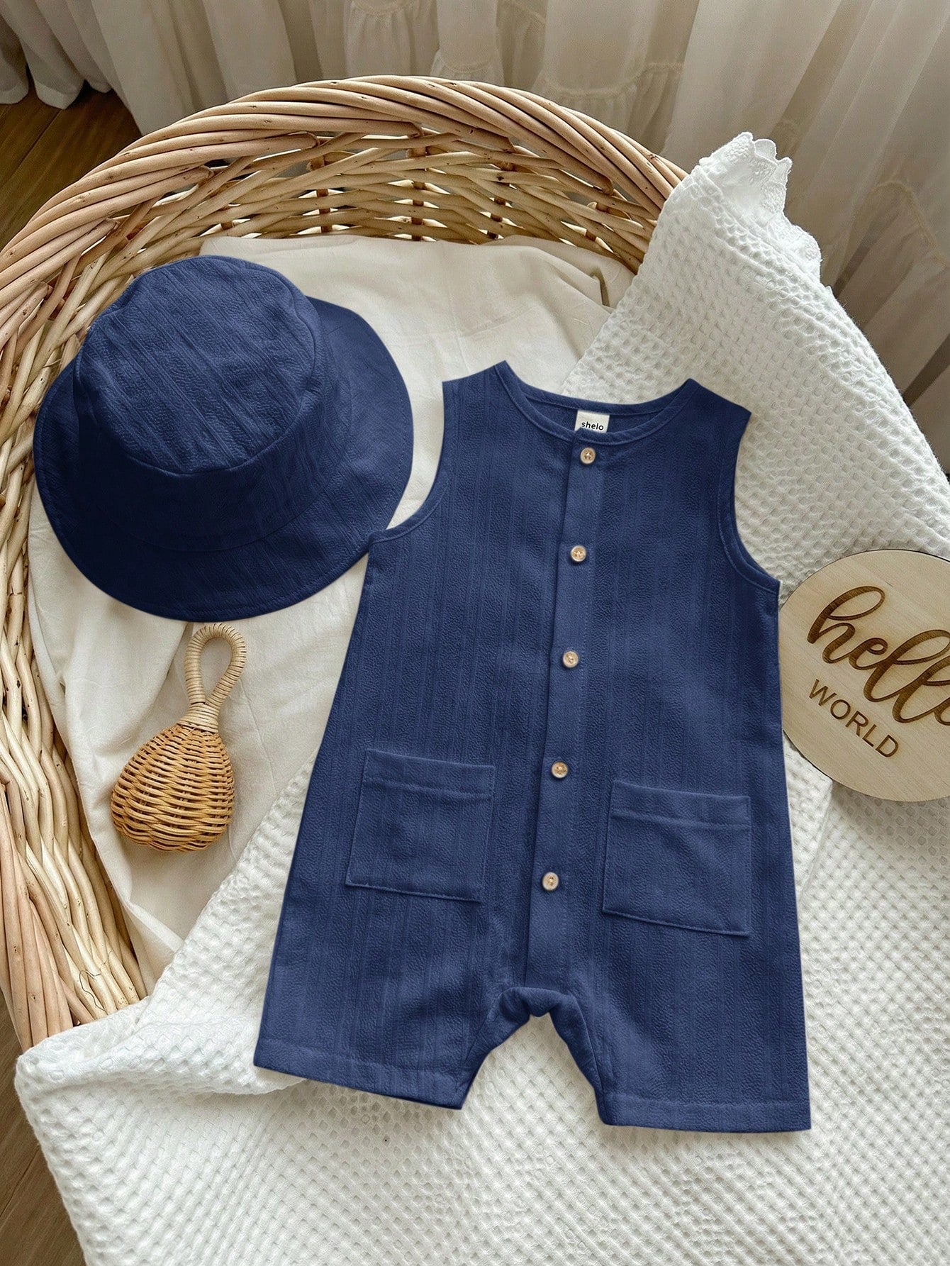 2pcs Boys Textured Sleeveless Romper & Bucket Hat Set - Indigo | 21...
