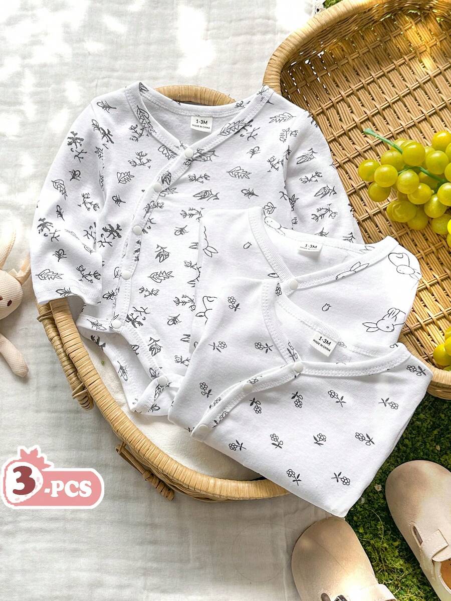 Boys Crossed-Collar All Over Print Long Sleeve Romper - Ivory