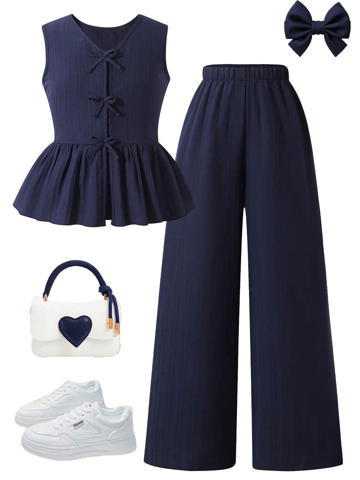 2pcs Girls Bow-Tie Peplum Top & Wide-Leg Pants Set - Midnight | 21 ...