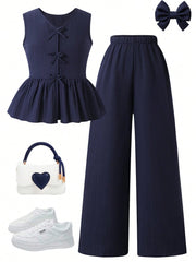 2pcs Girls Bow-Tie Peplum Top & Wide-Leg Pants Set - Midnight | 21 ...
