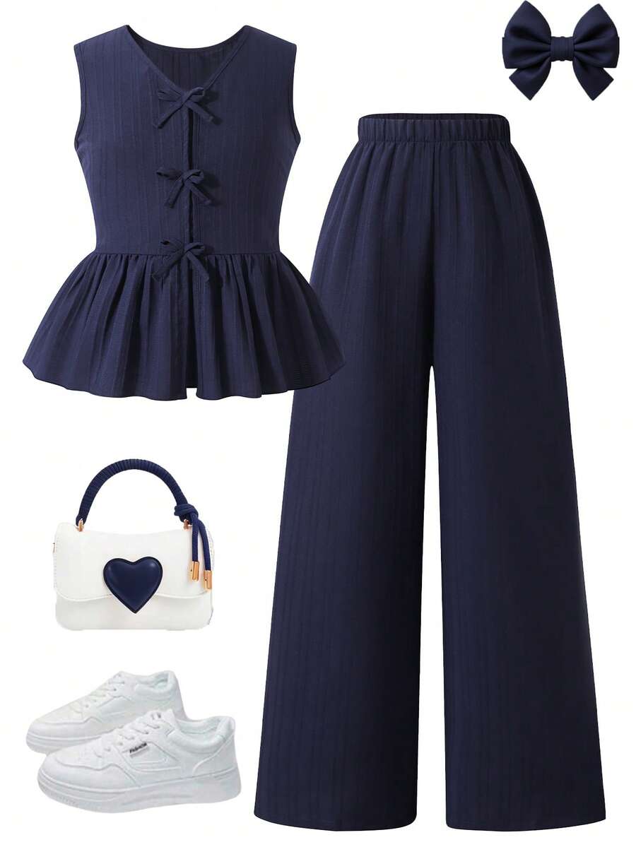 2pcs Girls Bow-Tie Peplum Top & Wide-Leg Pants Set - Midnight | 21 ...