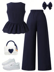 2pcs Girls Bow-Tie Peplum Top & Wide-Leg Pants Set - Midnight | 21 ...