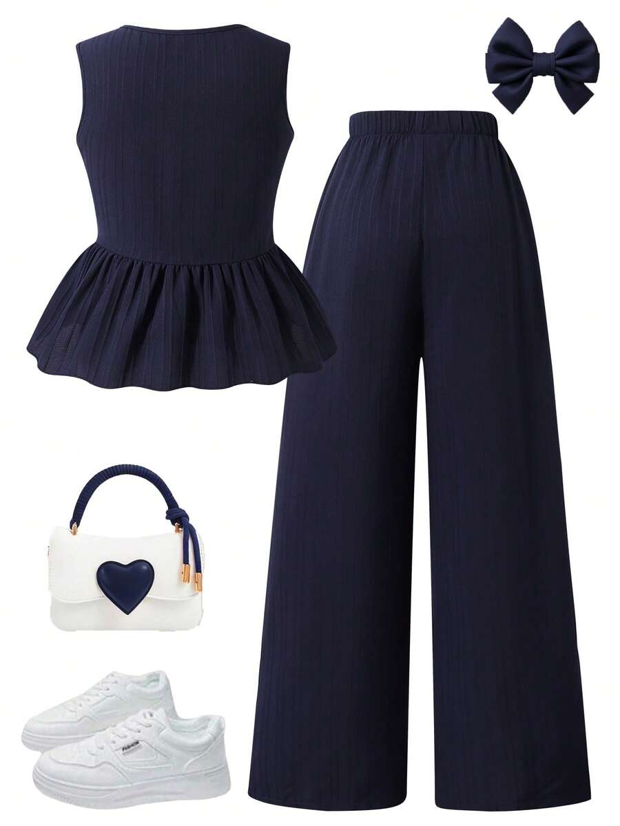 2pcs Girls Bow-Tie Peplum Top & Wide-Leg Pants Set - Midnight | 21 ...