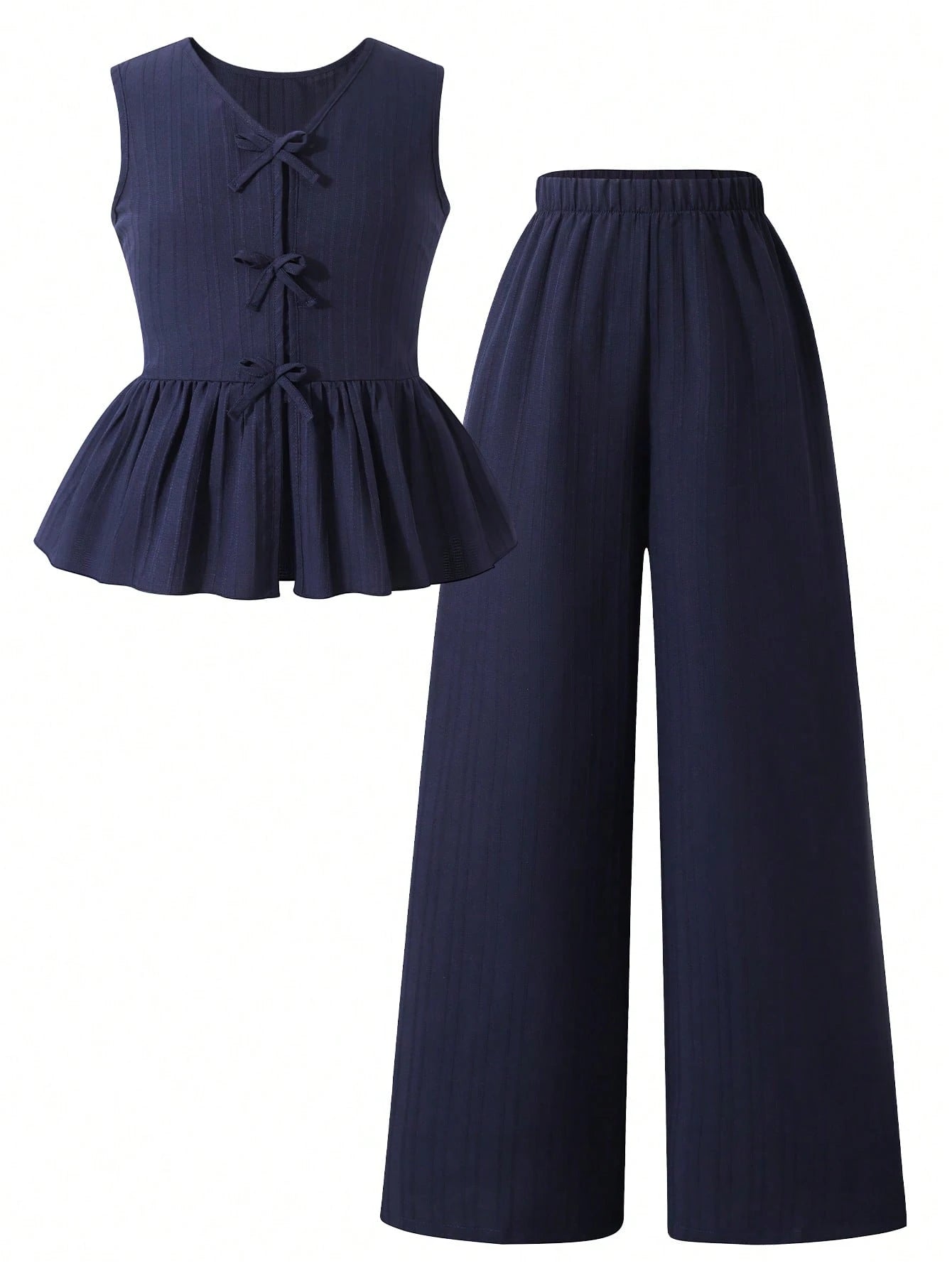 2pcs Girls Bow-Tie Peplum Top & Wide-Leg Pants Set - Midnight | 21 ...