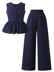2pcs Girls Bow-Tie Peplum Top & Wide-Leg Pants Set - Midnight | 21 ...
