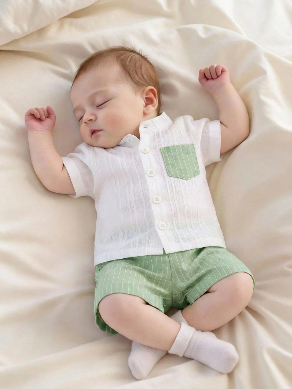 Baby Boys Mandarin Collar Shirt & Shorts Set - Ivory