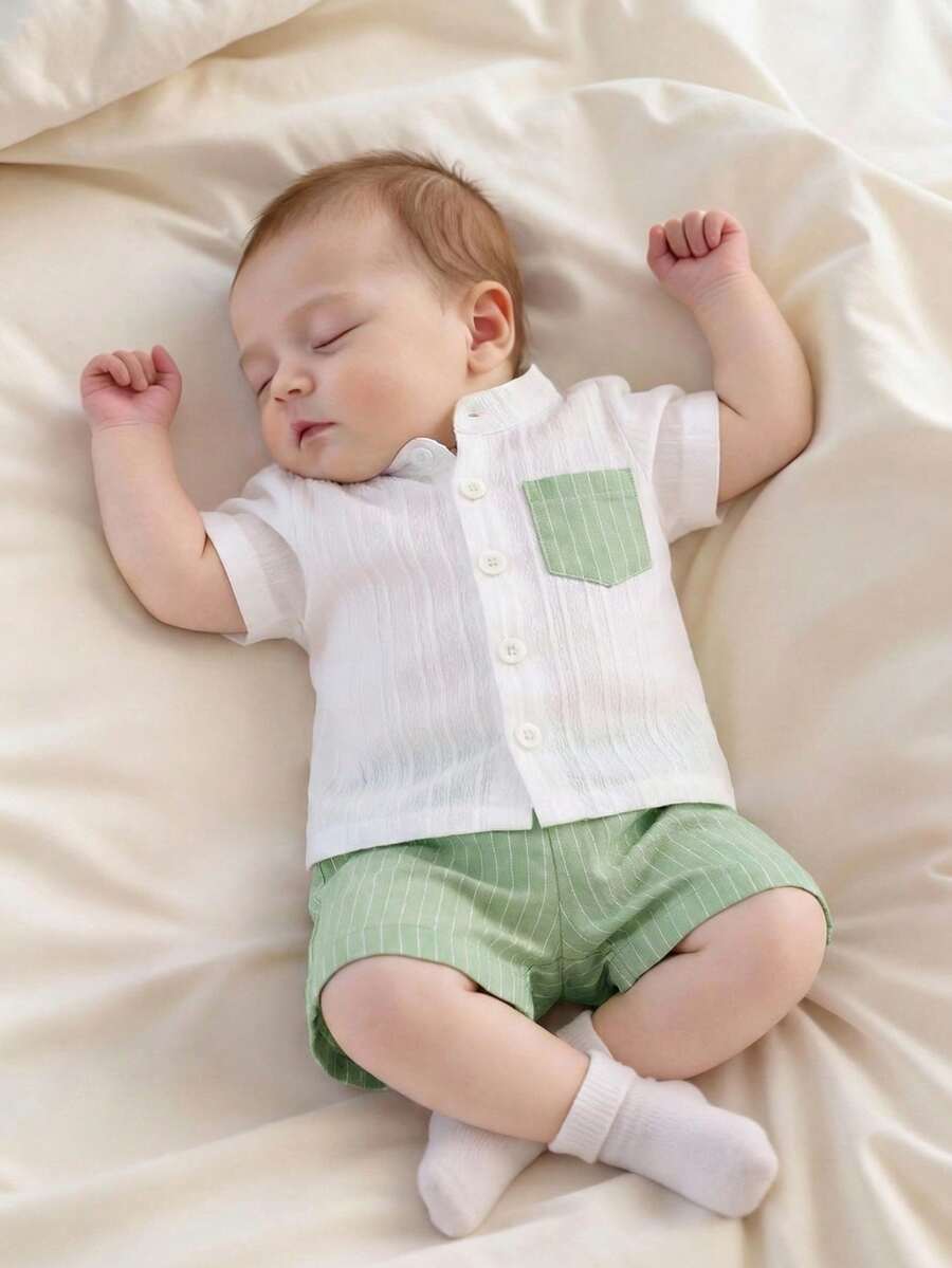 Baby Boys Mandarin Collar Shirt & Shorts Set - Ivory