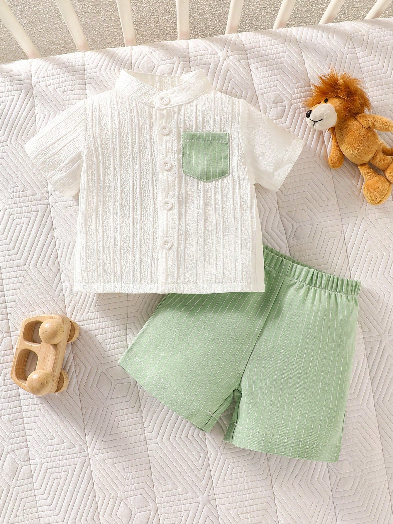 Baby Boys Mandarin Collar Shirt & Shorts Set - Ivory